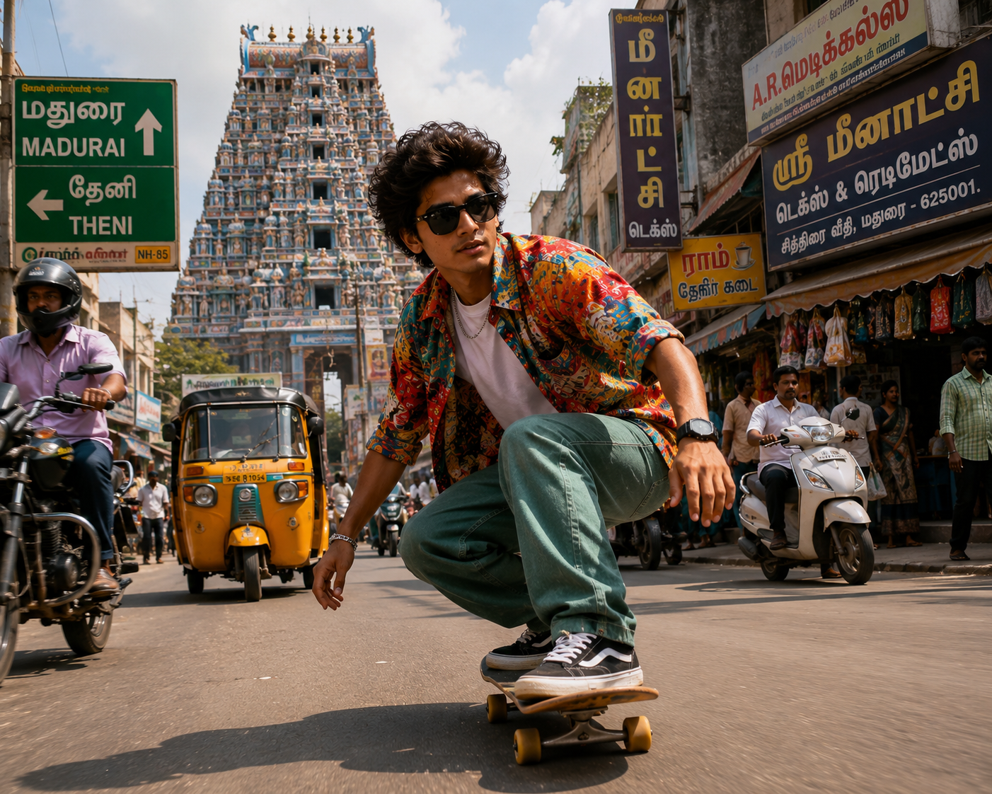 Skateboarder wearing sunglasses on a vibrant Indian street